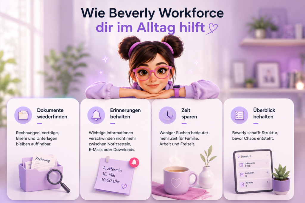 Hero-Illustration: Ein Mädchen mit rosa Brille lehnt sich über vier helle Karten mit App-Funktionen wie Dokumente finden, Erinnerungen behalten, Zeit sparen, Überblick behalten.
