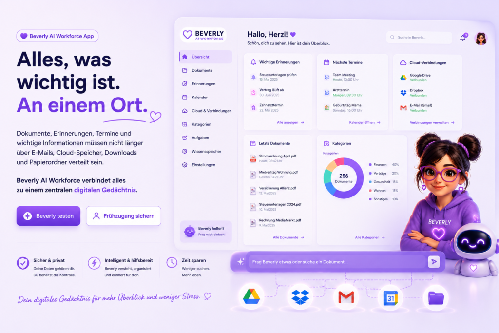 Hero section for Beverly AI Workforce App: large German headline on the left and a purple, rounded dashboard mockup on the right with a friendly character in a purple hoodie.
