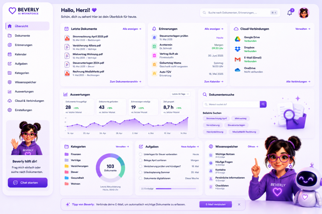 Beverly AI Workforce Dashboard mit Dokumentenübersicht, Erinnerungen, Cloud-Verbindungen, Kategorien, Aufgaben und intelligenter Dokumentensuche.