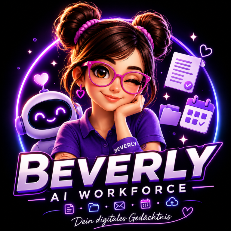 Beverly AI Workforce als freundliche digitale Assistentin für Dokumentenorganisation, Erinnerungen, Kalender, E-Mails und digitales Gedächtnis im Alltag.