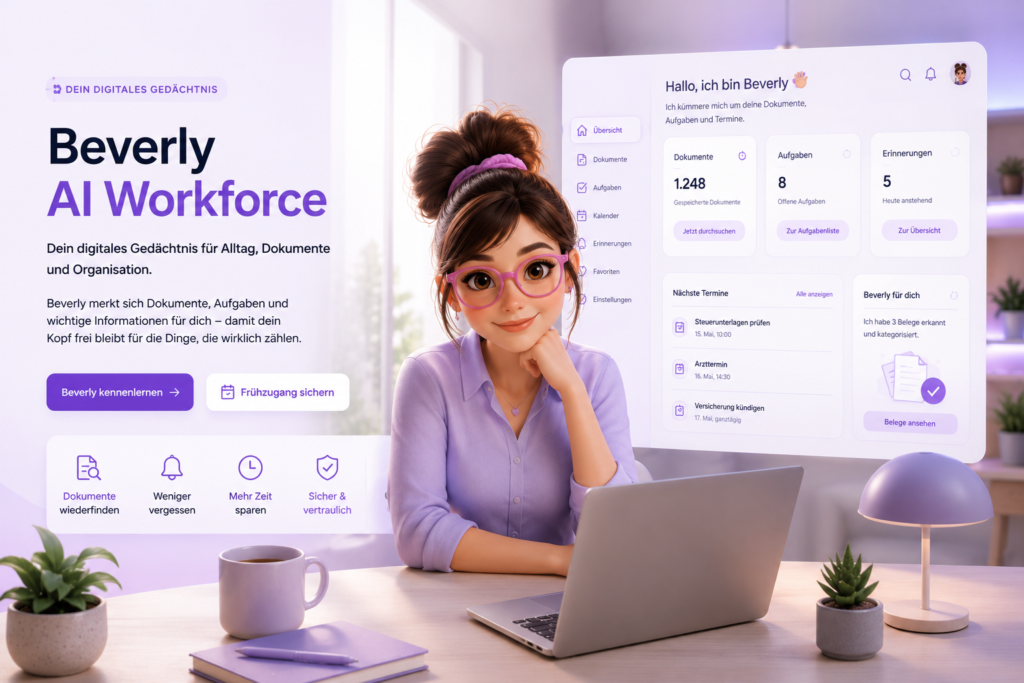 Beverly AI Workforce als freundliche digitale Assistentin mit Dashboard für Dokumente, Aufgaben, Erinnerungen und Organisation im Alltag.