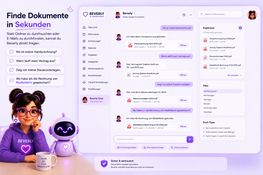 Beverly AI Workforce Chat-Oberfläche mit intelligenter Dokumentensuche für Rechnungen, Verträge, Steuerunterlagen und wichtige Informationen.
