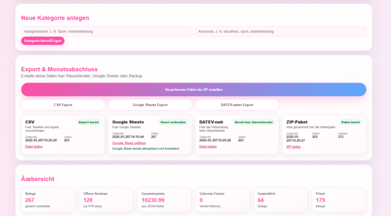 Beverly AI Workforce Exportbereich mit Steuerberater-Paket, CSV-Export, Google Sheets Synchronisation und DATEV-nahem Export.
