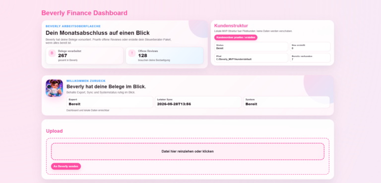 Beverly AI Workforce Dashboard mit Monatsabschluss, Belegübersicht, Review-System, Uploadbereich und Finanzverwaltung.