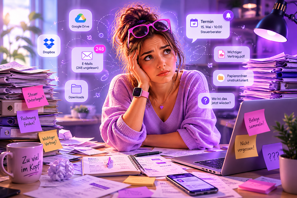 Überforderte Person zwischen Papierstapeln, E-Mails, Google Drive, Dropbox und Dokumentenchaos mit Beverly AI Workforce als Lösung für Organisation und mentale Entlastung.