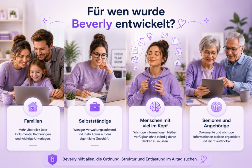 Beverly AI Workforce unterstützt Familien, Selbstständige, Menschen mit viel im Kopf sowie Senioren bei der Organisation von Dokumenten, Erinnerungen und wichtigen Unterlagen.